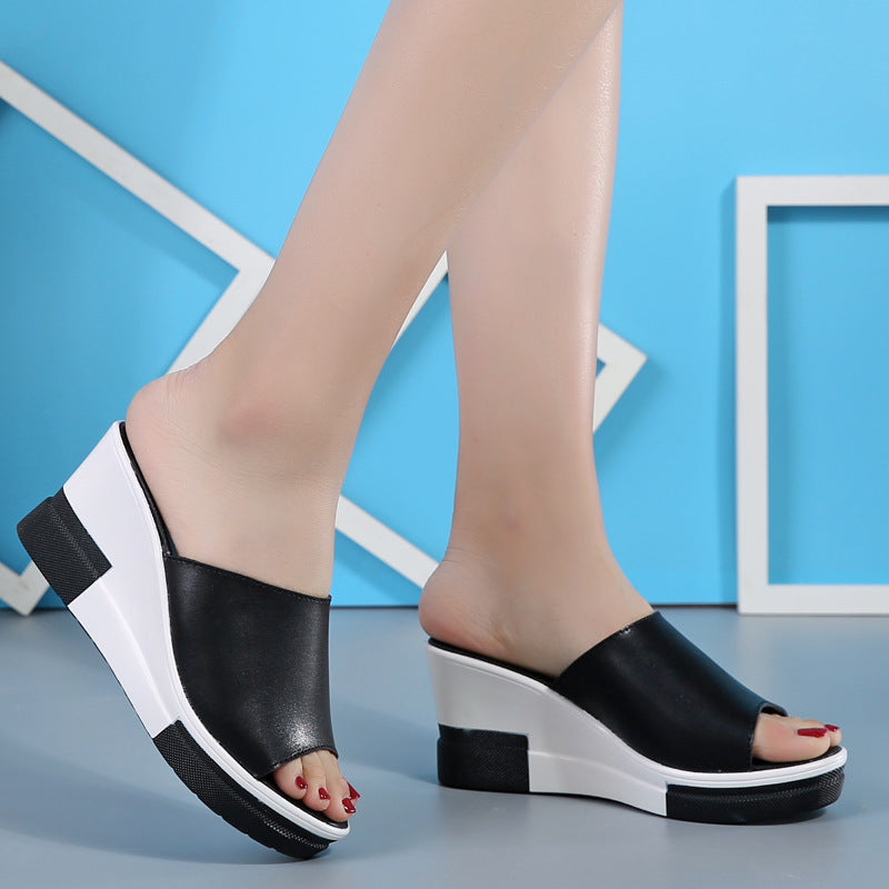 summer new leather slippers slope with thick bottom platform sandals sandals female female beach shoes word - RewaGold