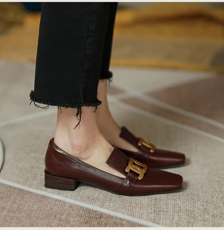 Female Square Toe Low Heel Retro Brown Leather Shoes - RewaGold